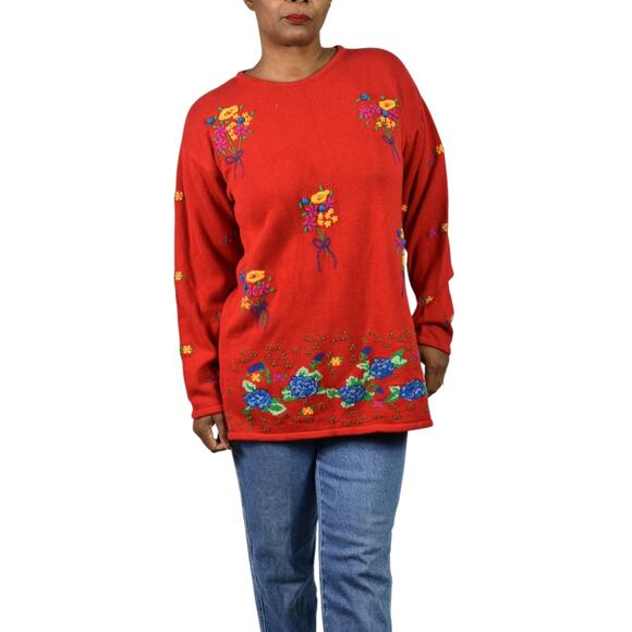 Vintage Birch Bros Eagles Eye Embroidery Sweater Red Floral Bouquet Medium Large - Picture 8 of 14